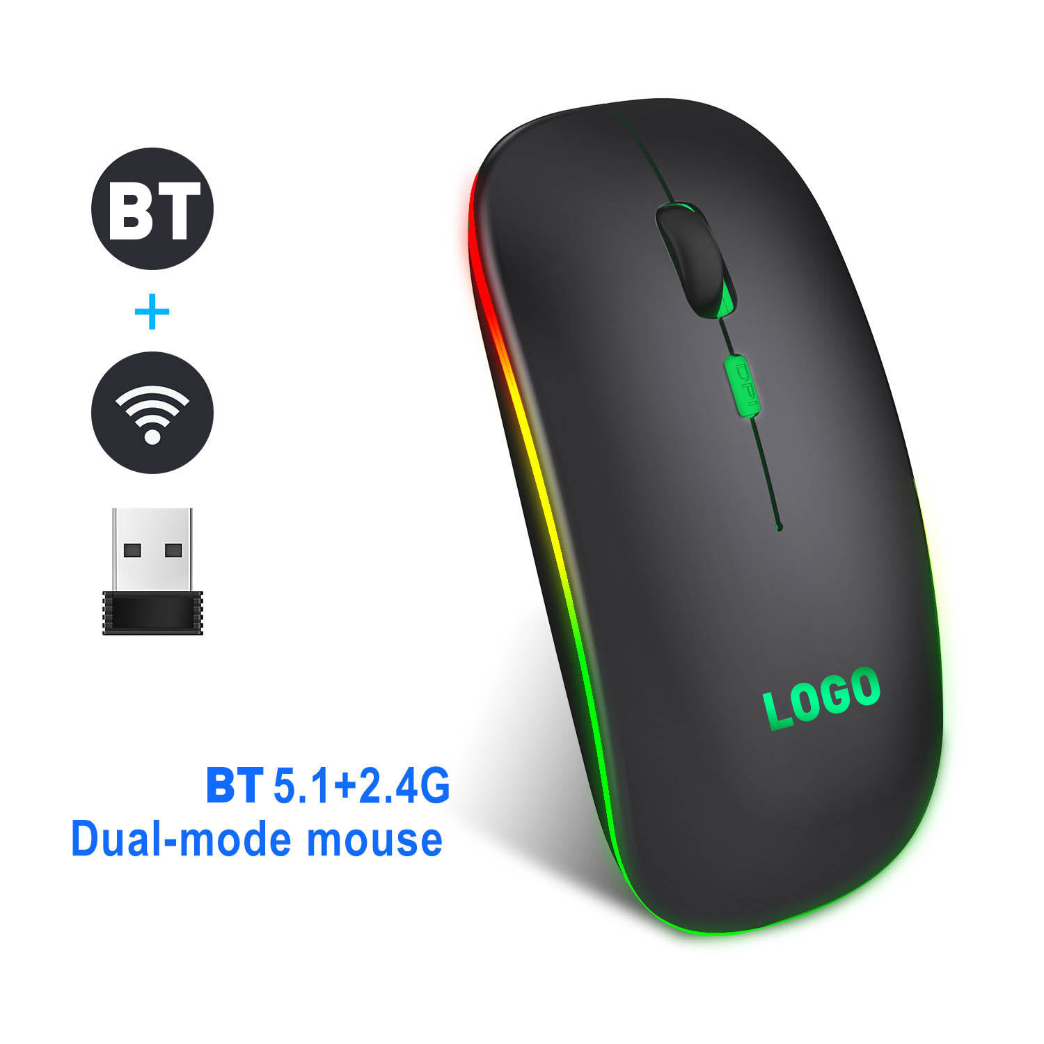 Dual Mode Wireless Bluetooth 5.2 Recarregavel Sem Fio Optical Tracking Modern Mini RGB LED Backlit USB Mouse 2.4G for Laptop